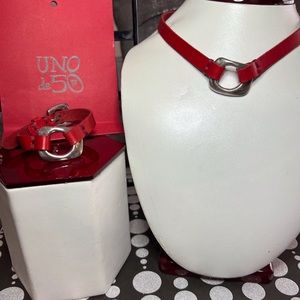 Uno de 50 choker and bracelet set, red leather!